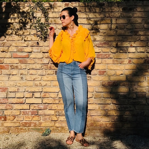 ANTHROPOLOGIE Yellow Dot Ruffle Blouse Small - Picture 2 of 15